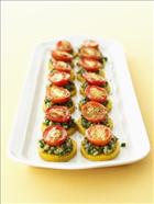 Mini Polenta Rounds with Roasted Roma Tomatoes and Walnut Pesto