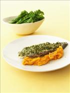 Jewfish cutlets with Walnut Pesto on Sweet Potato and Swede Mash