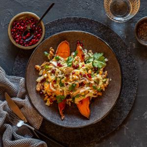 Jacket sweet potato with nutty wombok slaw